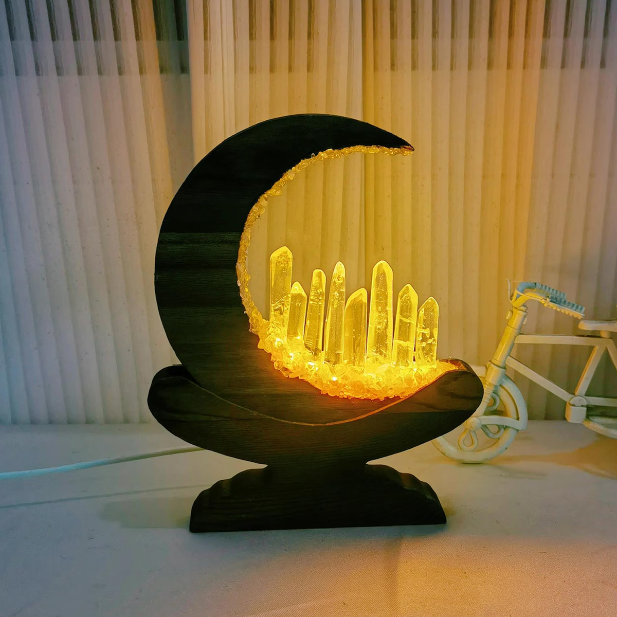 Crescent Moon Crystal Accent Lamp, Enchanted LED Ambient Table Light For Bedroom Shelves And Bohemian Interior Styling